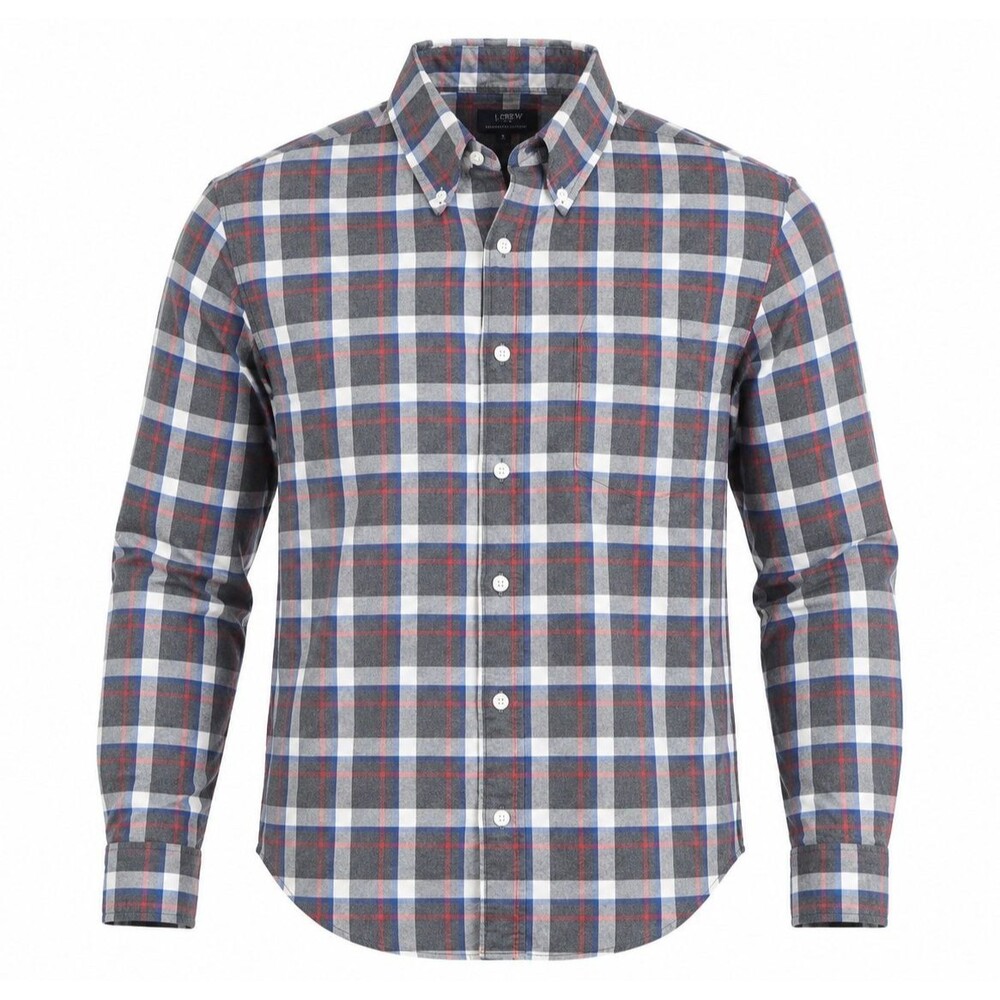 J.Crew Heathered Cotton Men’s Small Plaid Button-Down Shirt Gray Blue Red
